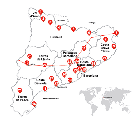 Mapa de Catalunya con las marcas turísticas y los destinos accesibles